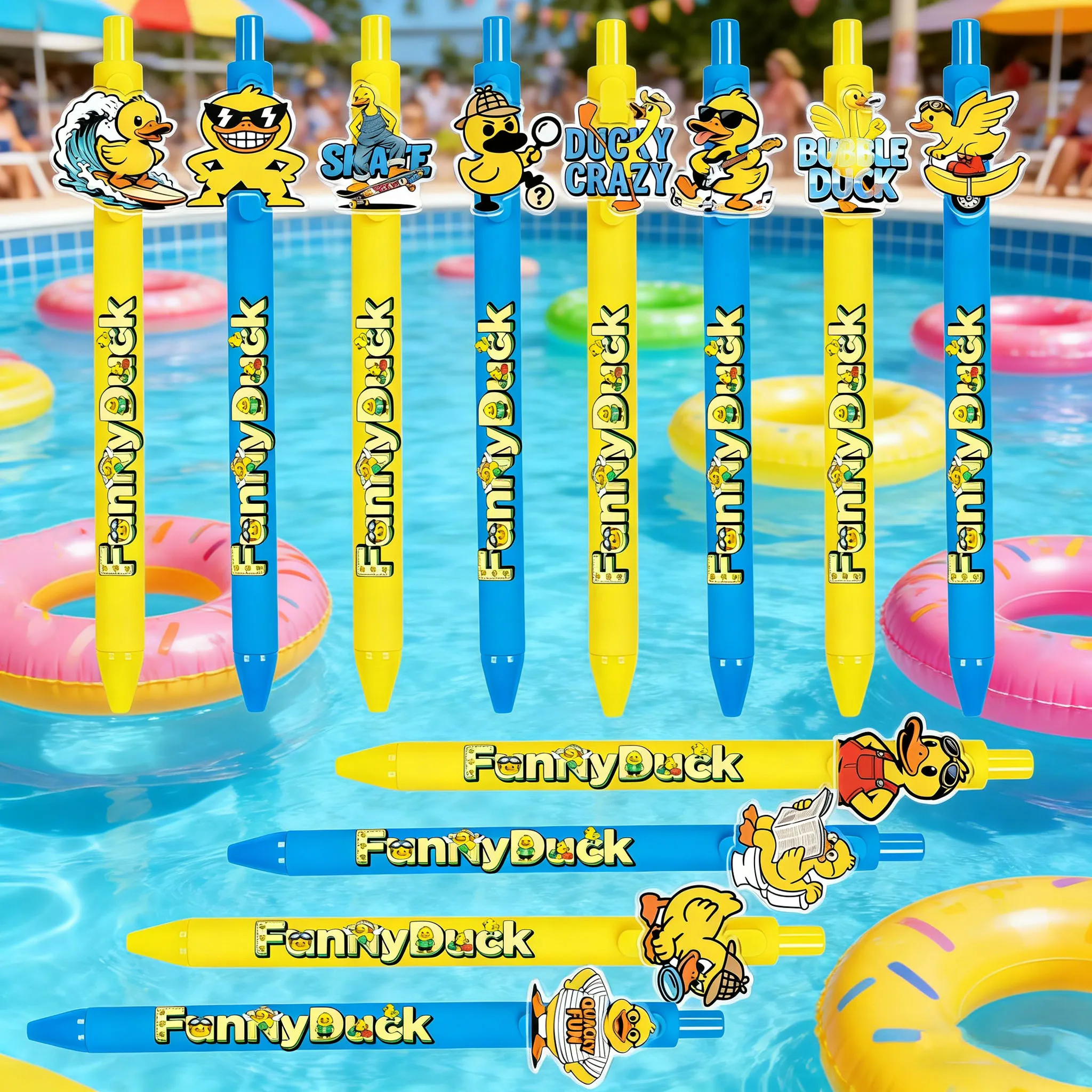 6 Stück/12 Stück Lustige Entenmuster-Kugelschreiber in Gelb und Blau, Hochwertige Belohnungs-Geschenk-Kugelschreiber Image
