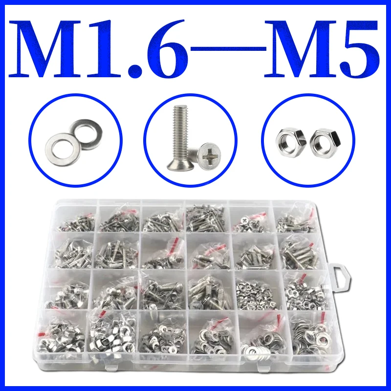 M1,6 M2 M2,5 M3 M4 M5 Kreuzschlitz-Flachsenkkopfschrauben 304 Edelstahl Bolzen und Mutter Unterlegscheibe Sortiment Set Kit Box Image
