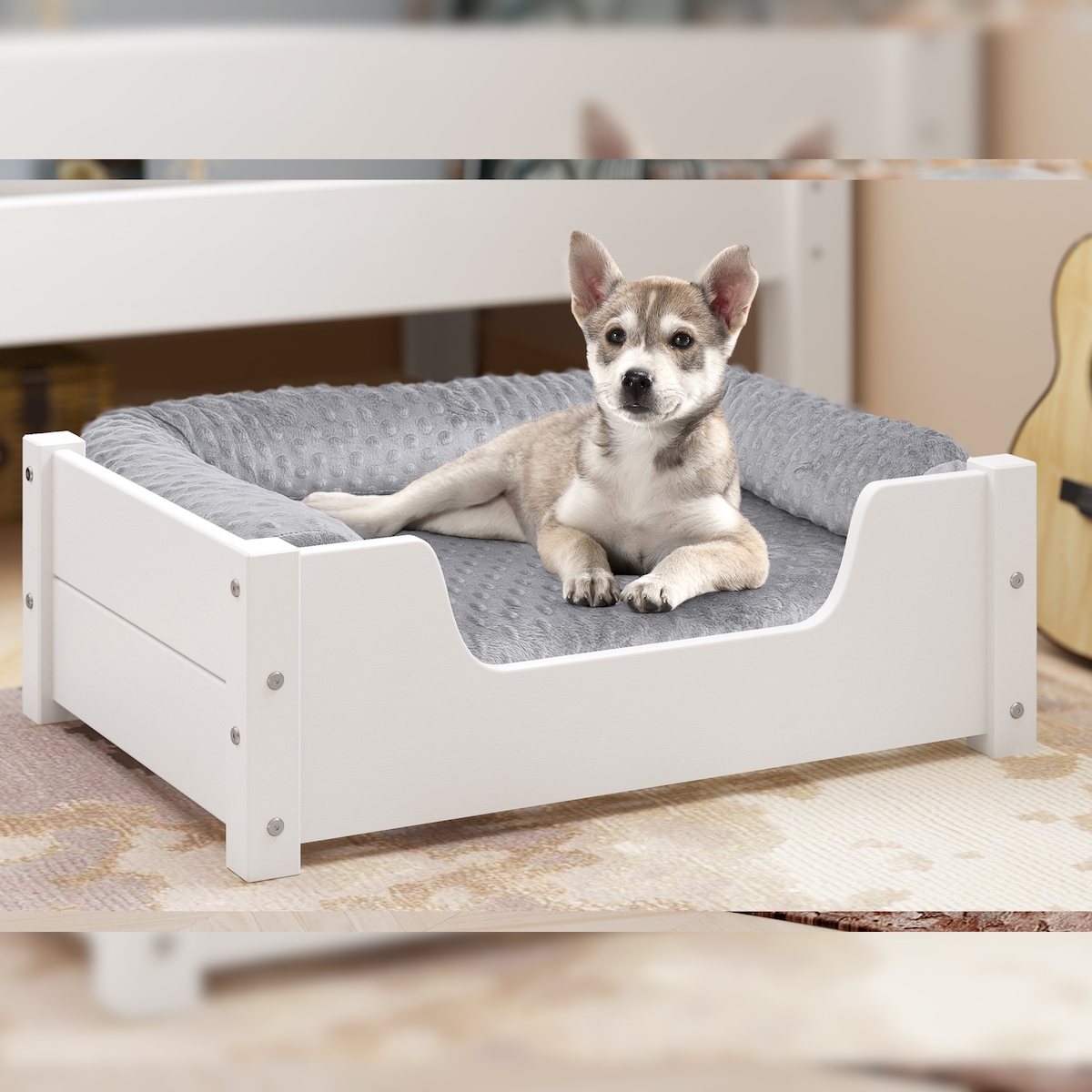 Erst-Holz Gemütliches Tierbett für Katzen und Hunde 60x40 Kiefer weiß V-30.32-W-60x40 mit Rollrost Polster und Matratze Image