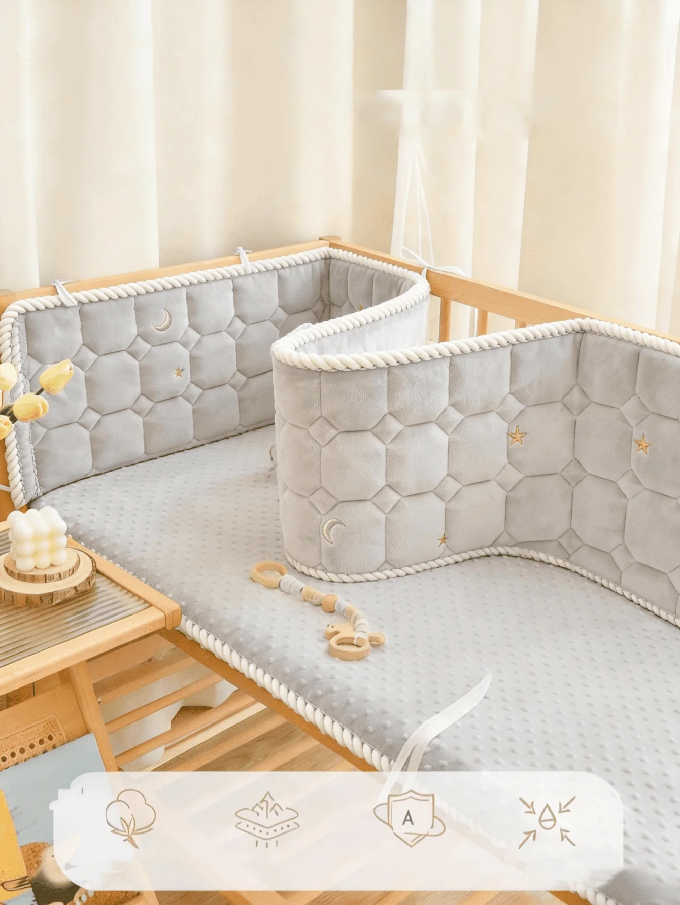 Babybett-Schutzkissen mit Reißverschluss, einteilig, rund um das Kinderbett, Ganzjahres-Bettgitter und Bettumrandung Image