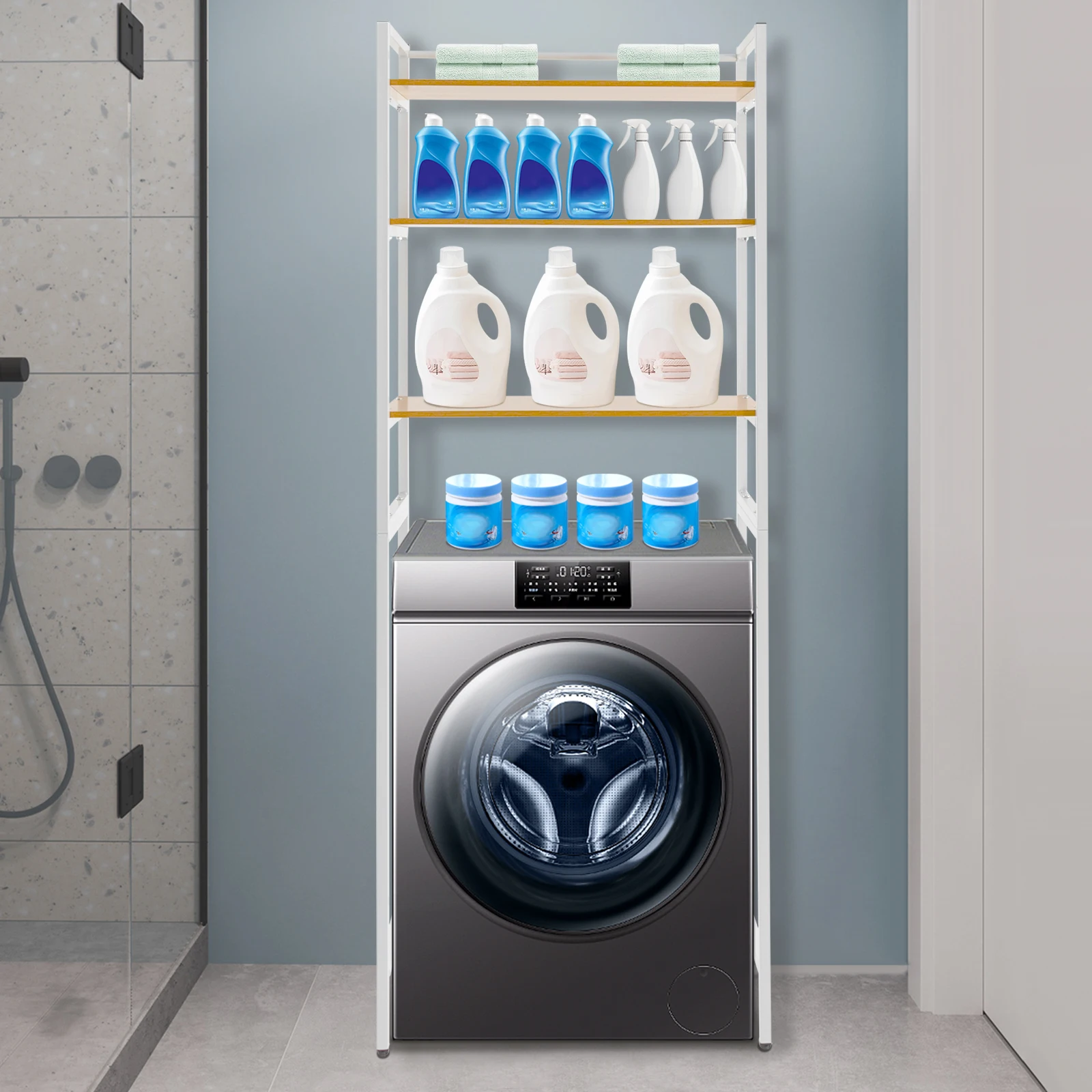 Weißes Aufbewahrungsregal für Waschmaschinen und Trockner, 3-stufiges Badezimmer-Organizer-Rack aus Eisen, modernes stehendes Aufbewahrungsregal, 27,17 x 11,81 x 71,26 Zoll ﻿