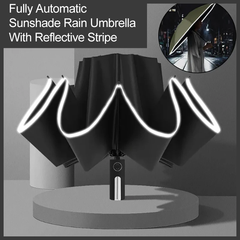 Sonnenschutz-Regenschirm mit Reflektorstreifen Vollautomatischer Reverse-Faltschirm Windbeständiger 3-fach UV-Schutz-Schirm Image