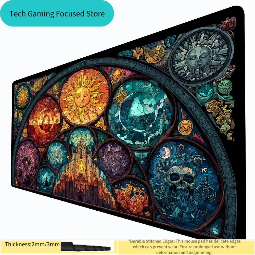 Magic The Gathering Stained Glass Cathedral Sun Spielmatte, MTG Spielmatte mit Zonen, genähten Kanten, 2mm/3mm dick
