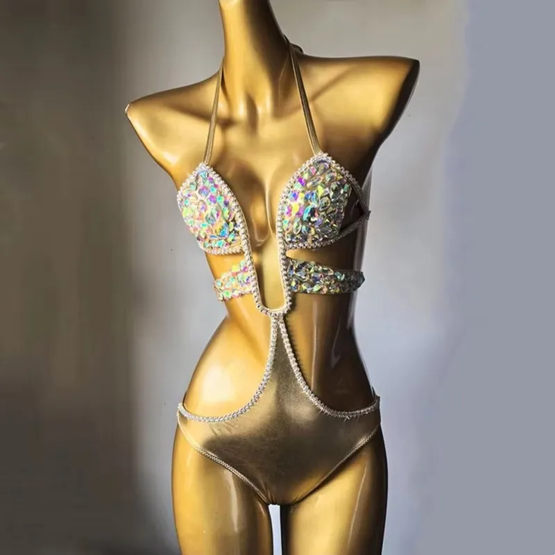 Luxuriöser, handgenähter, mit Strasssteinen besetzter Diamant-Bikini, einteiliger Badeanzug für Karneval, Rave, Festival, Kristall-Bikini-Partys, glitzerndes Outfit Image