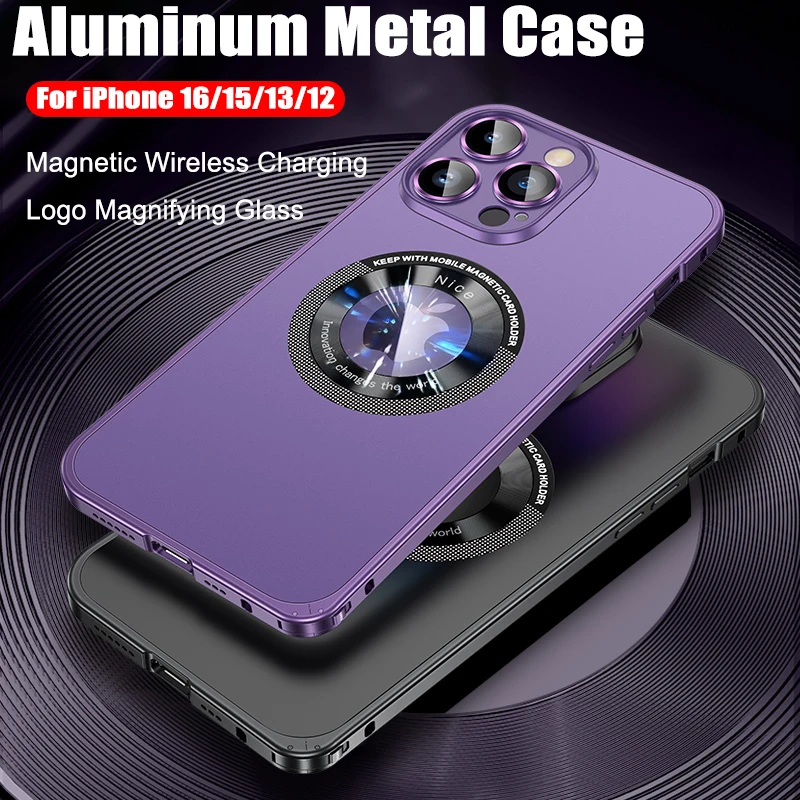 Neuester Stil, magnetisch, kabelloses Laden, Aluminium-Metallgehäuse für iPhone 16, 15, 14, 13, 12, Pro Max, Objektivglasfolie, harte PC-Rückseite Image