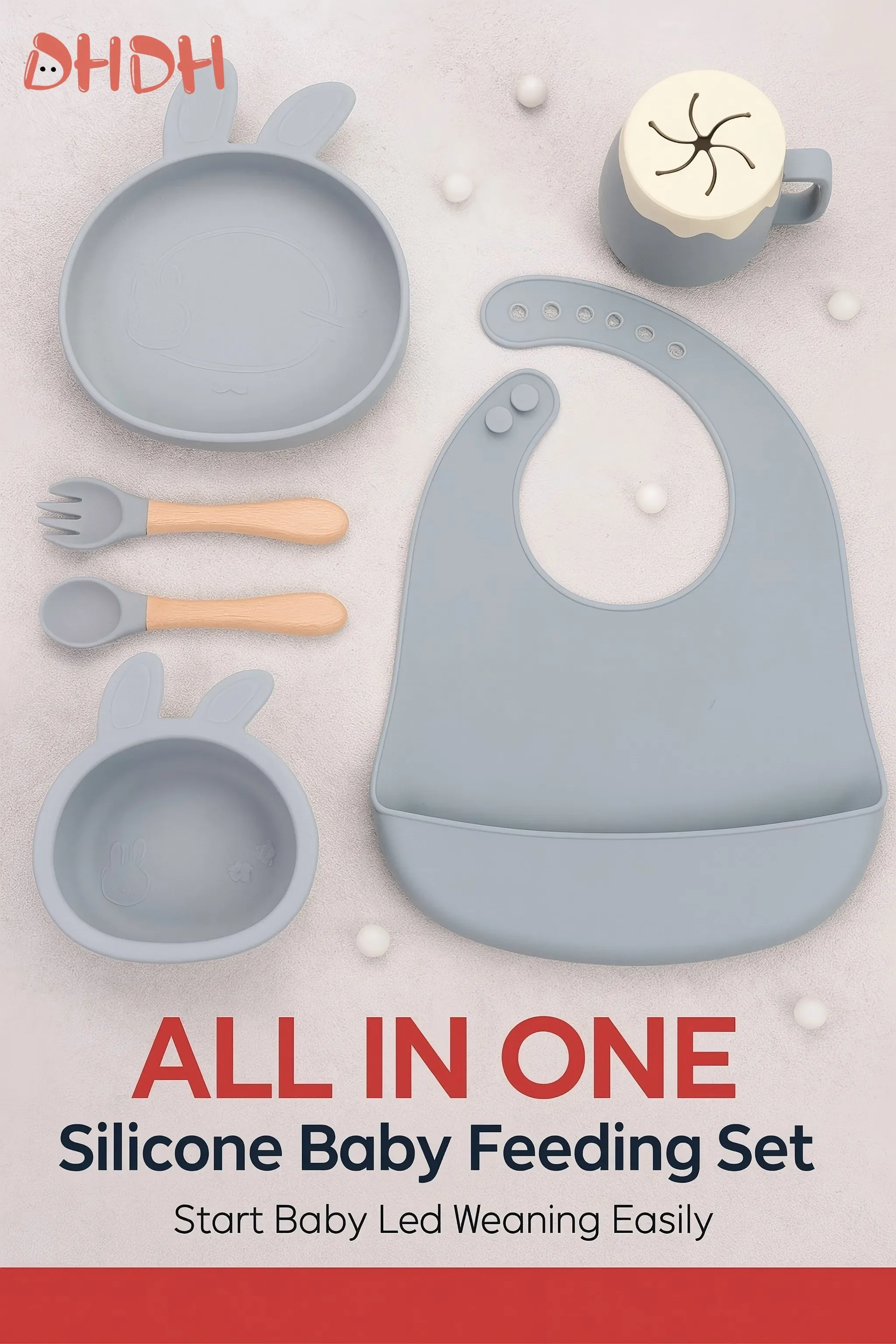Babyfütterungsset | Silikonschüssel mit Saugnapf, Lätzchen, Tasse, Gabel und Löffel | Babygeschirr, Kinderteller, BPA-frei, Babygeschirr-Set