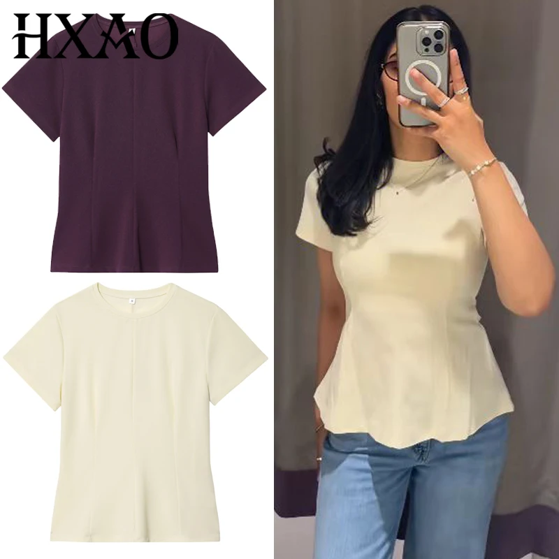 HXAO Damen T-Shirt Gelb Lila Top Damen Sommer 2025, lässige Tops, kurzärmelig, O-Ausschnitt, Slim-Fit-T-Shirt, Tunika, Streetwear-Top