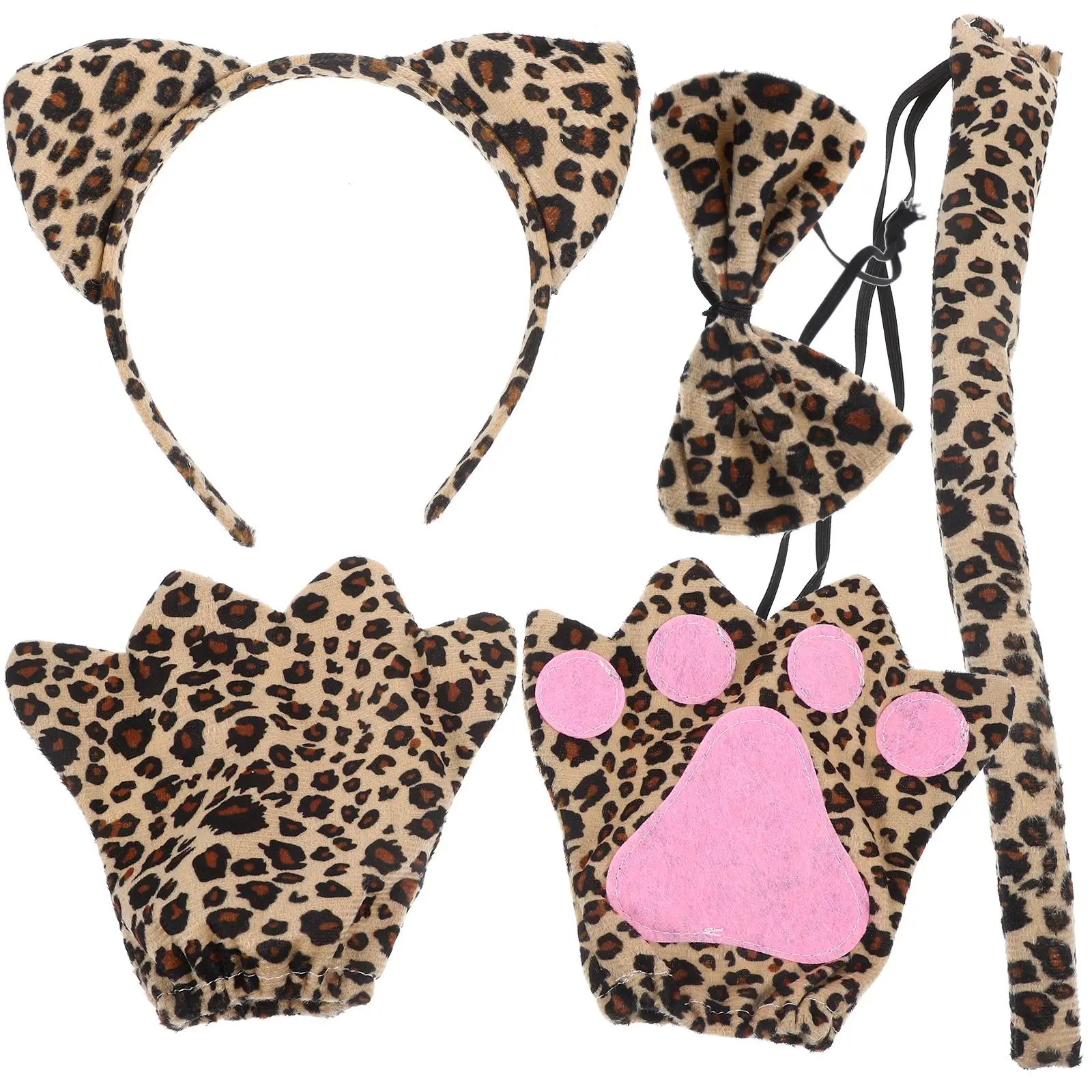 1 Set Leopardenohren-Stirnband, Halloween-Leopardenohren und Schwanz-Set, Erwachsenenkostüm, Handschuhe, Fliege, Schwanz für Erwachsene, Partykostüm Image