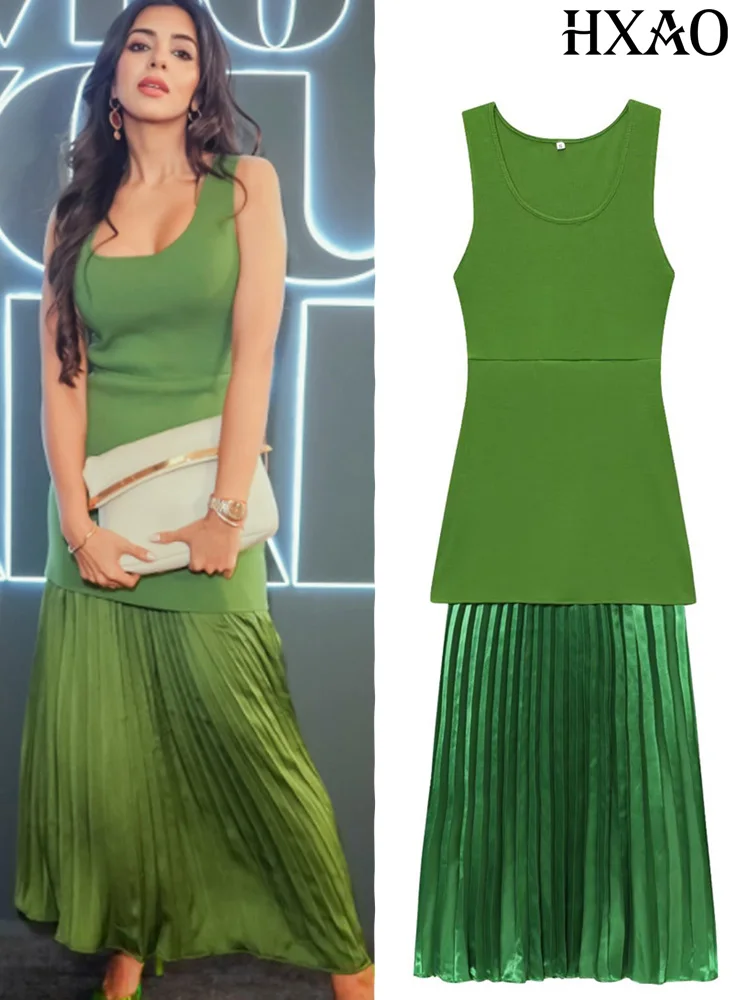 HXAO Patchwork Gestrickte Damen Kleider Grün Abend Party Sommer Stricken Lange Kleider Ärmellose Weibliche Elegante Neue Kleidung