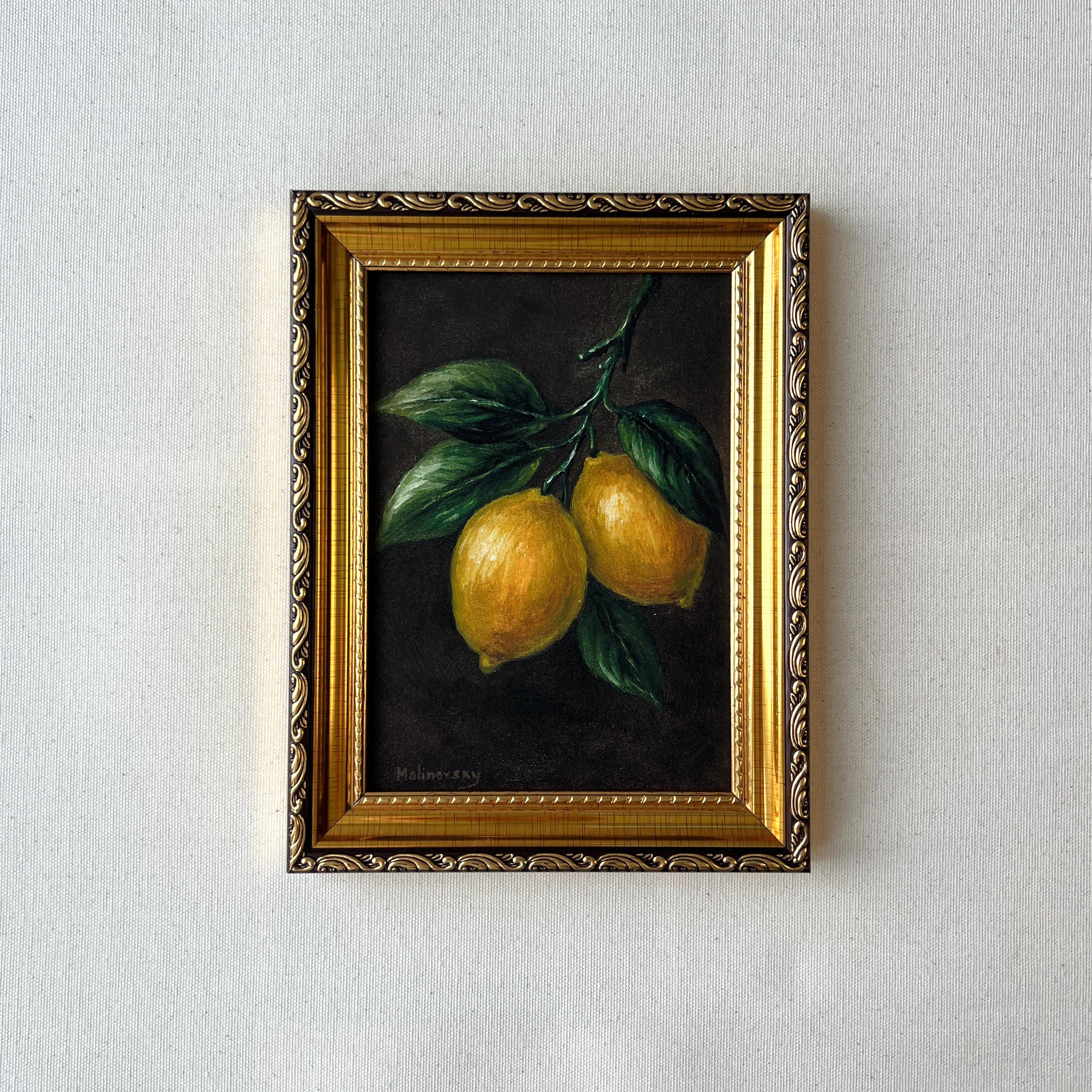 Stampa artistica LEMON BRANCH - Stampa a olio di natura morta di limoni senza cornice - Arte di campagna francese - Natura morta di frutta - Moody Lem