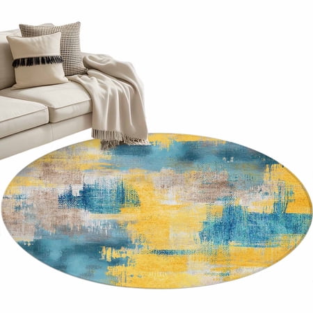 Blue Yellow Brown Round Rug 4ft Area Rug Washable Soft Non-Slip 4 Circle Low Pile Rugs Modern Abstract Mottled Oil Painting Carpet for Bedroom Living Room Entryway Home Office Dining Room