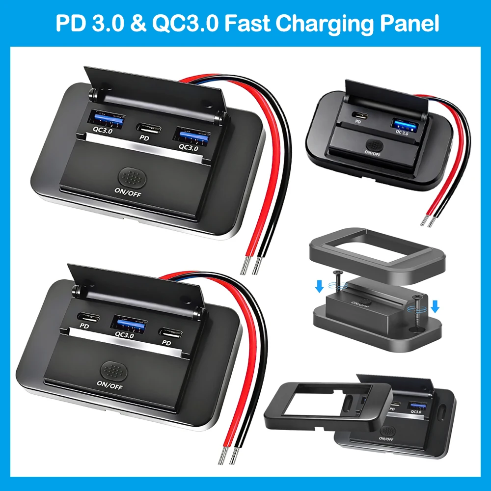 Presa USB 12V con Porte di Ricarica Rapida QC3.0 USB-A da 18W e PD Type-C da 36W, Pannello di Ricarica per Auto con Interruttore a Pulsante per Camper, Barche e Camion