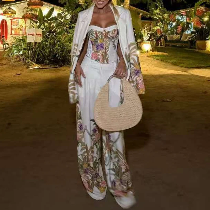 Completo Elegante da Donna con Top a Spalle Scoperte, Pantaloni Lunghi e Blazer, Outfit Casual a Maniche Lunghe per Vacanze, Set 3 Pezzi con Stampa