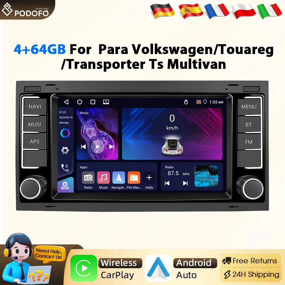 Autoradio Podofo 2Din 7\" 4+64GB Lettore Multimediale con Carplay e Android Auto per Volkswagen/Touareg/Transporter Ts Multivan