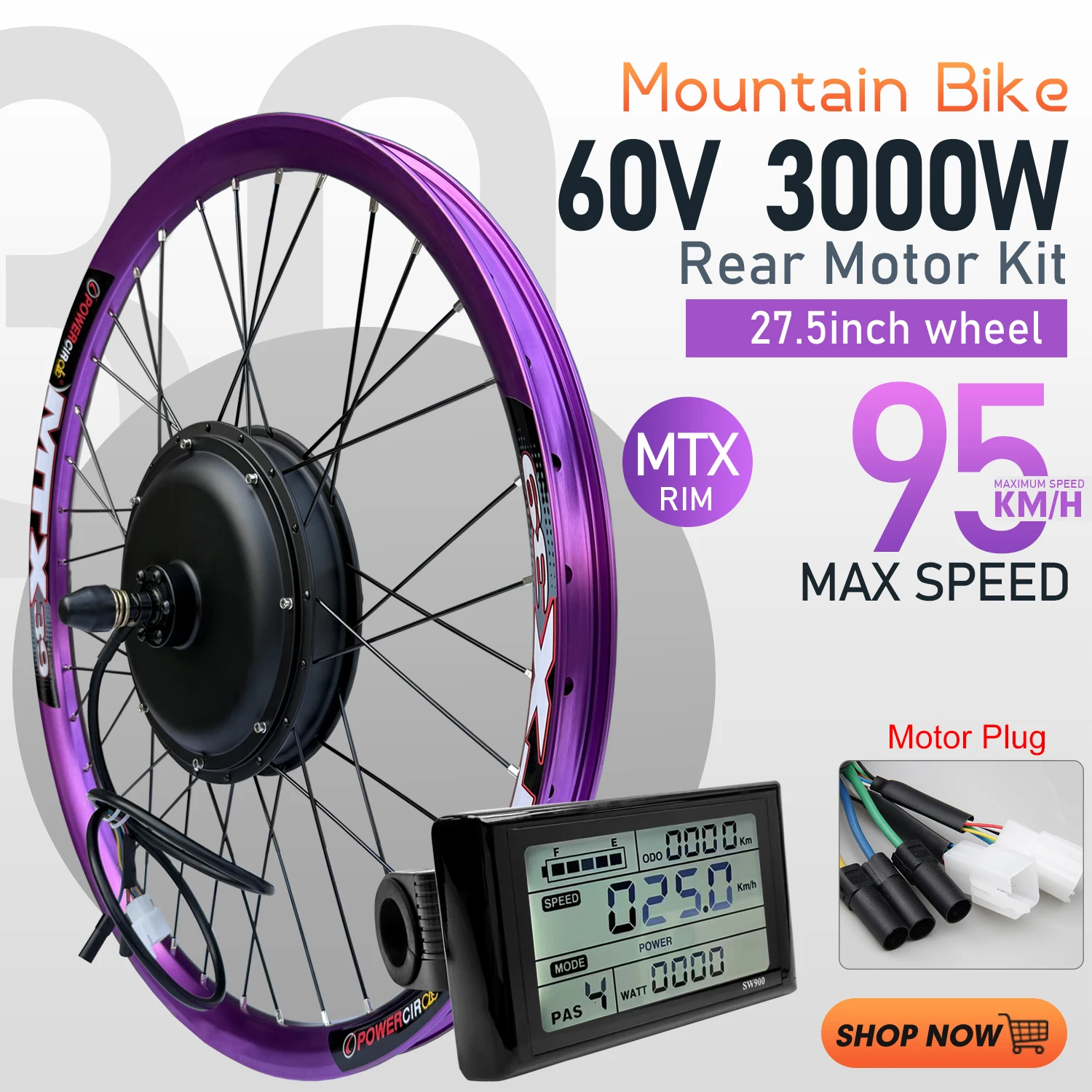 Kit di conversione per bici elettrica 60V 3000W con motore brushless a trazione posteriore per kit di conversione e-bike, cerchio MTX da 27,5 pollici