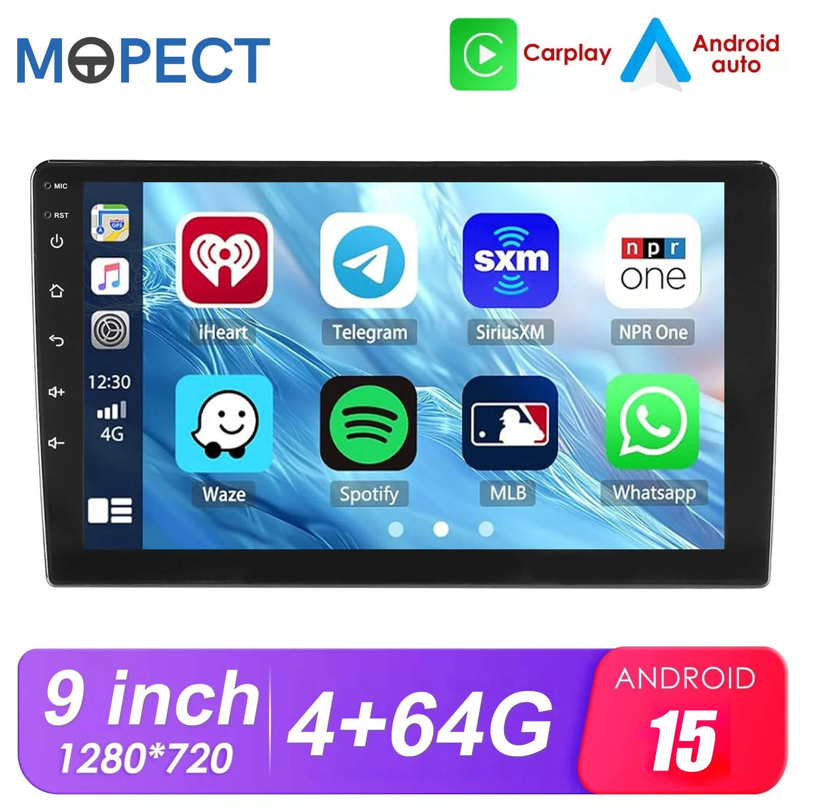 Autoradio Android MOPECT 9 pollici, doppio DIN, Wireless Carplay, lettore multimediale universale 9 pollici 4+64G, stereo per auto con GPS, Wi-Fi, compatibile con APPLE CARPLAY e ANDROID Auto