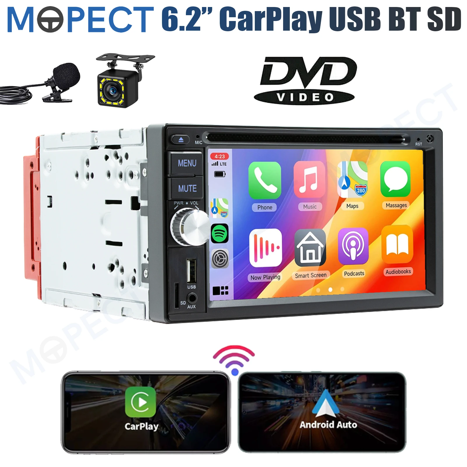 MOPECT Autoradio 2 DIN da 6.2'' con DVD/CD, Apple CarPlay, Touchscreen, FM/AM/RDS, Bluetooth, SD, USB, SWC, Microfono e Telecamera