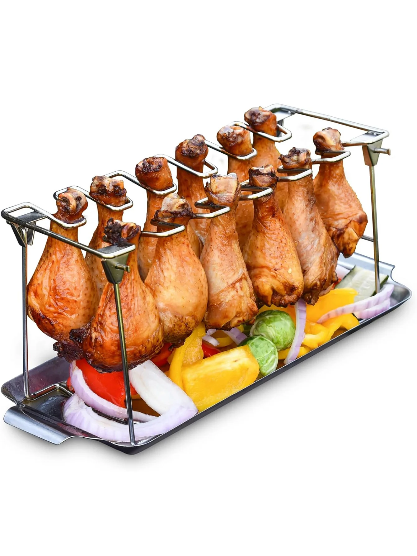Griglia per gambe di pollo per griglia con vassoio antigoccia - 14 slot per ali di pollo - Griglia per bacchette di pollo in acciaio inossidabile premium per fumatore