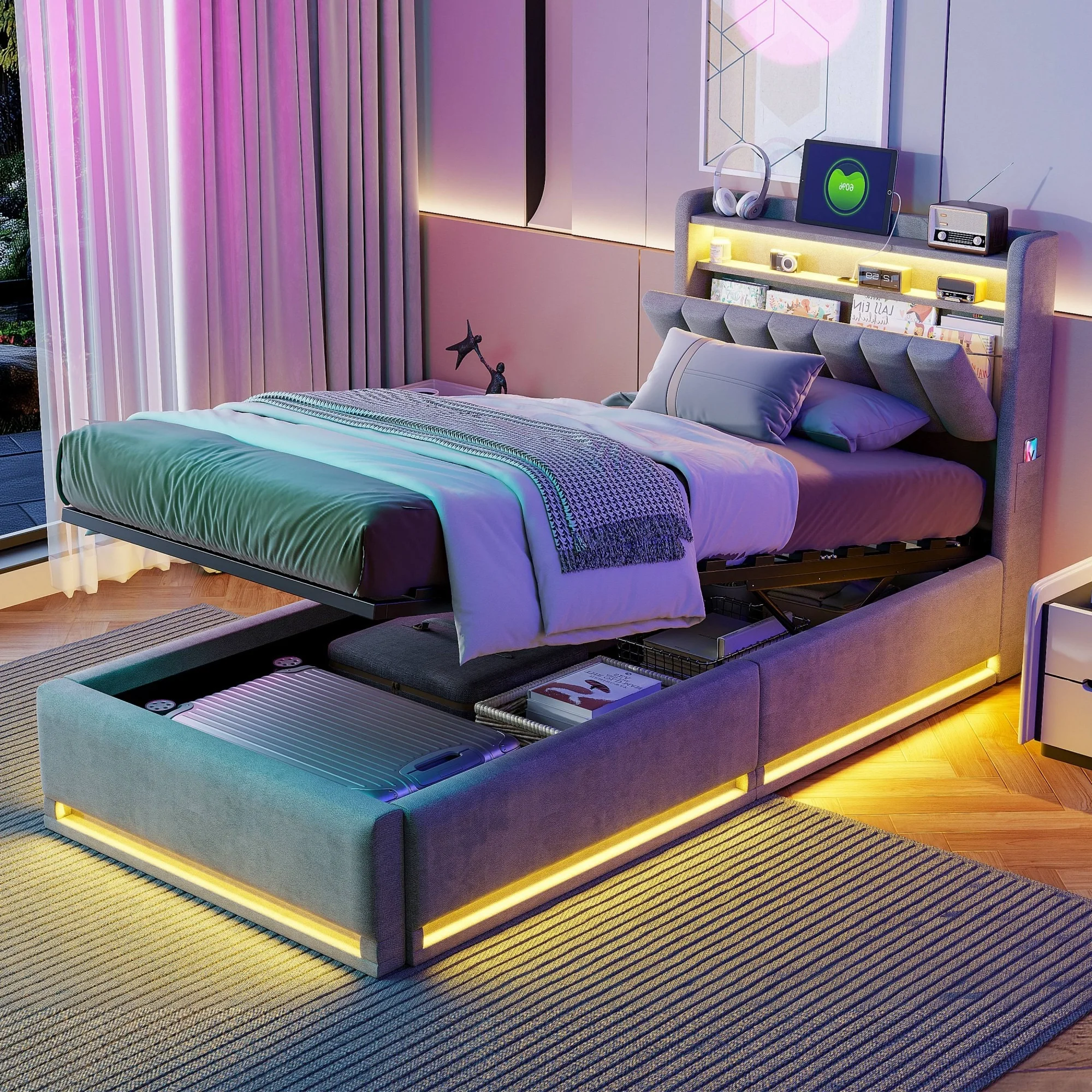 Rosahqnda Polsterbett, 90x200cm, mit LED und USB, offener/geschlossener Stauraum, Einzelbett, Lattenrost, Samt-/Leinenstoff Image