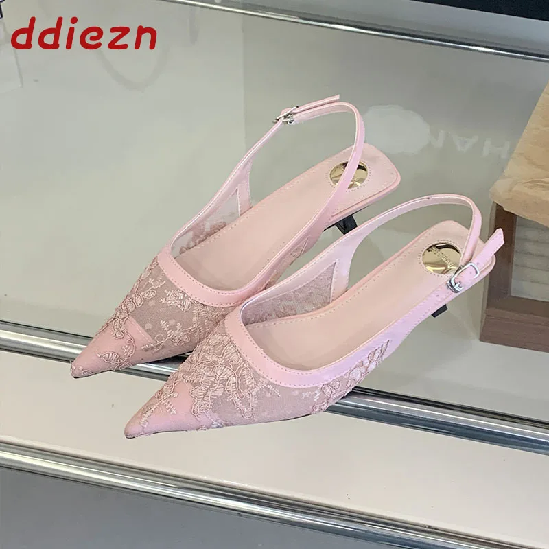 Rosa Modische Mesh-Sandalen mit Dünnen Absätzen für Damen, Neue 2026 Sommer-Frühling Spitze Pumps mit Mittlerem Absatz, Elegante Schuhe