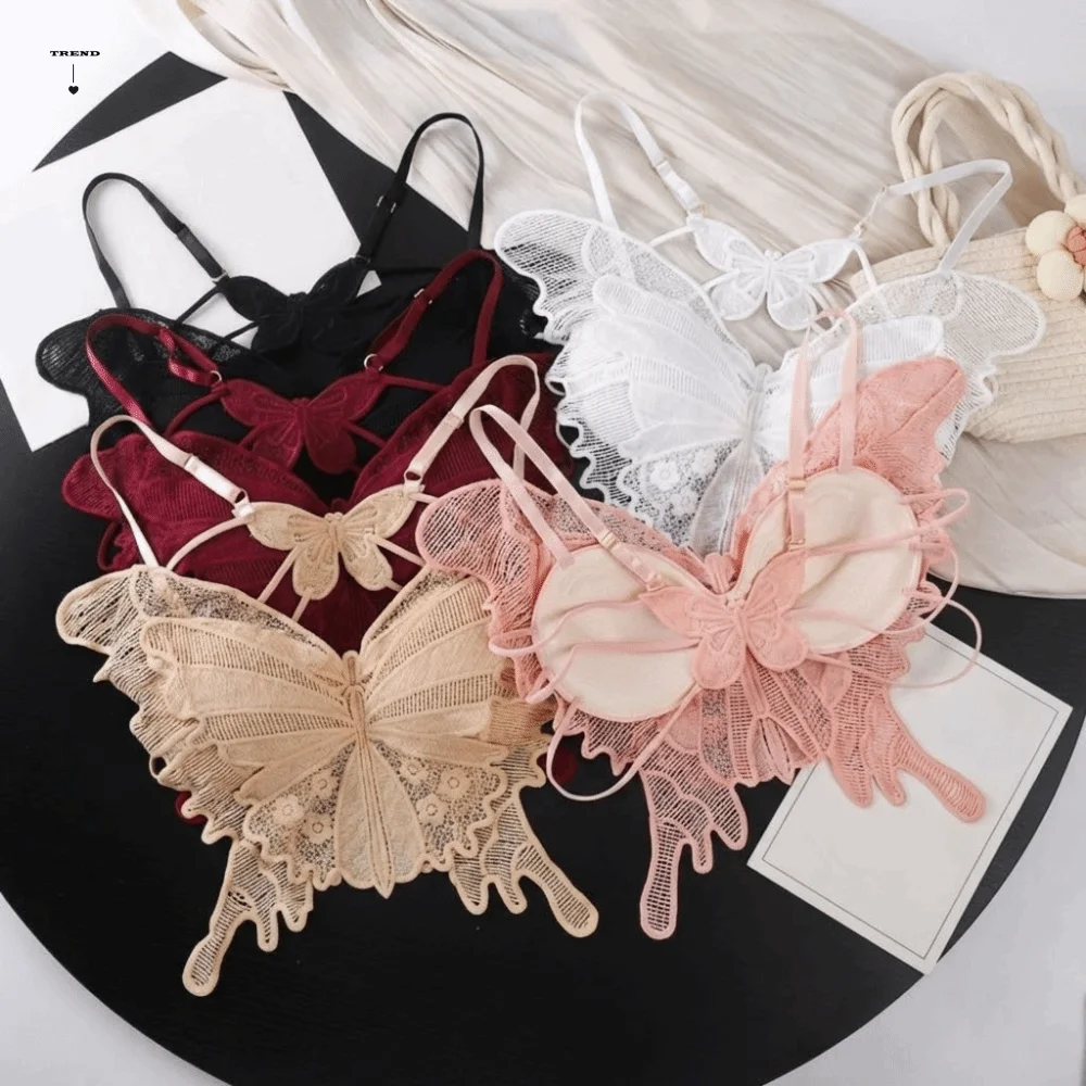 Süße rückenfreie Schmetterlings-BHs, schmal geschnittene, gepolsterte Spitzen-Camisole, Blumenmuster, koreanischer Stil, ausgehöhlte Weste, Tops, Strandkleidung Image