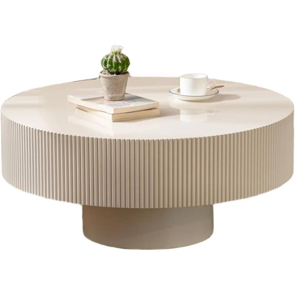 Anzahlungspreis geriffelter Couchtisch für Wohnzimmer, runder Trommel-Couchtisch aus Holz, handgefertigt, Furnier-Teetisch, moderner Schwanz Image