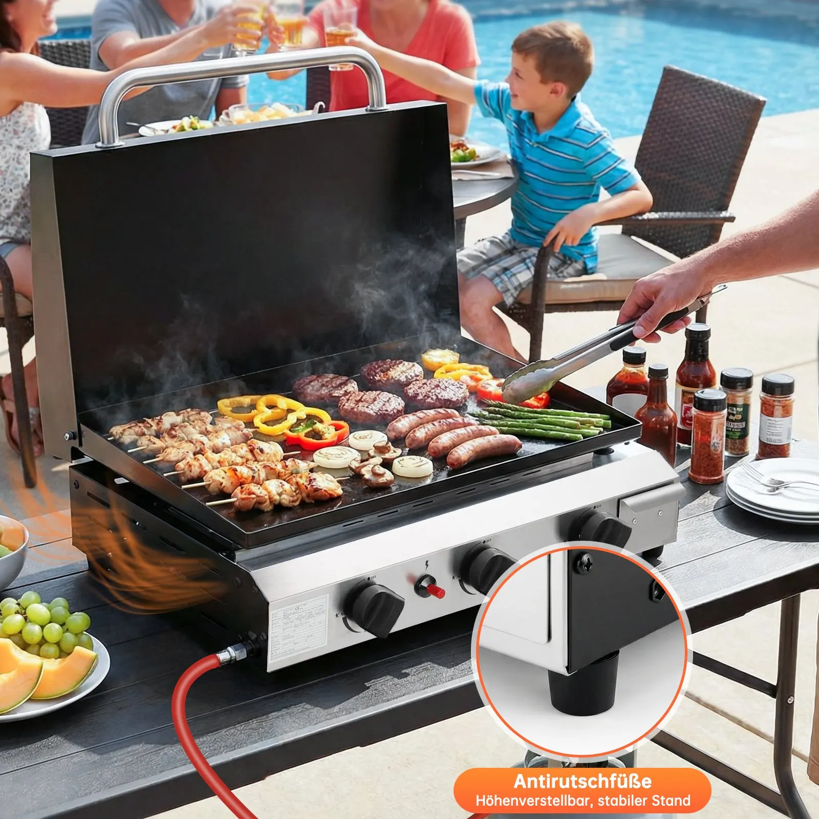 Tragbarer Propan-Grill - Flache Tischgrillplatte mit Klappdeckel, 3 Brenner, Flammenwerfer-Zündung, Duale Heizzonen für Camping Image