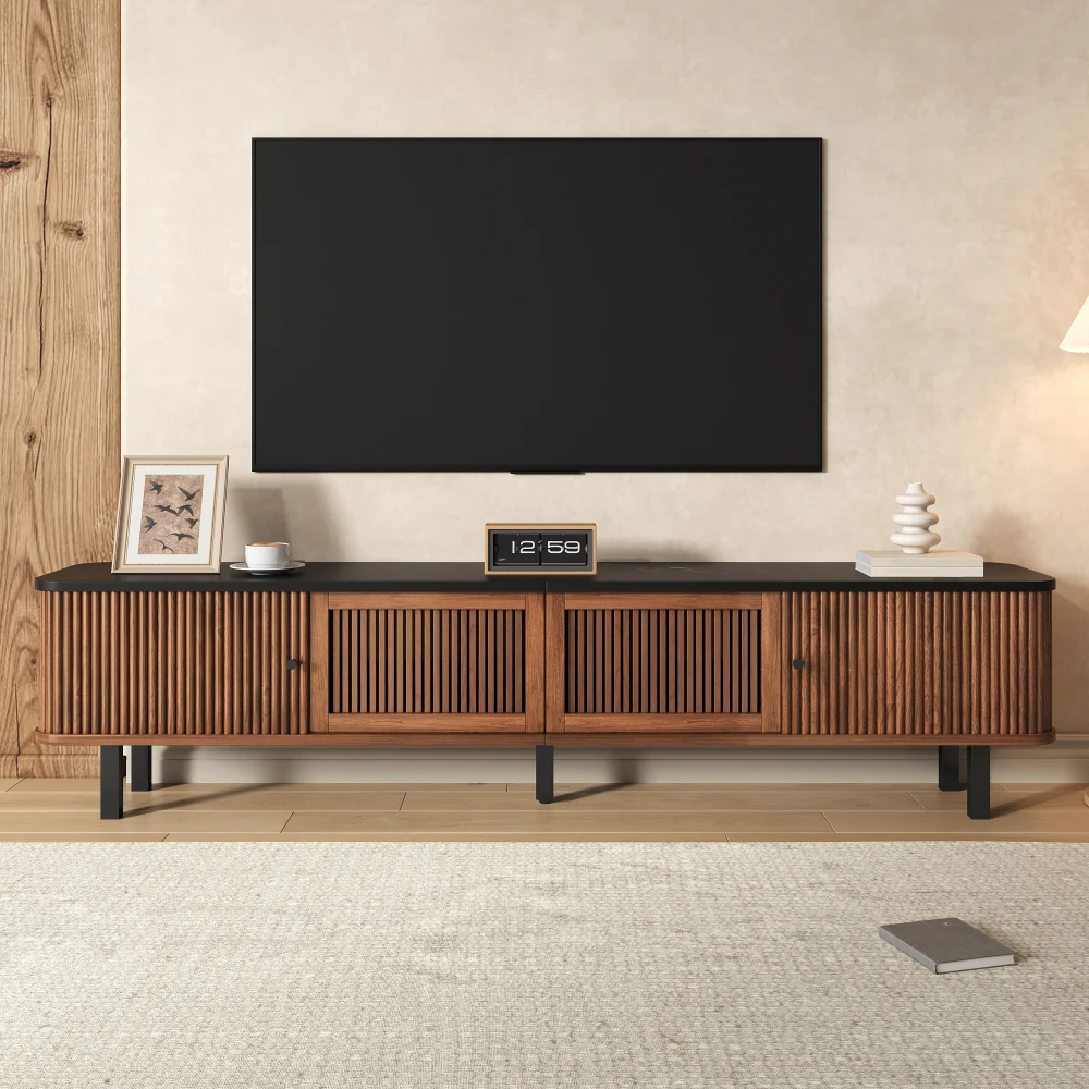 190 X 35 X 45cm Moderner Wohnzimmer-TV-Schrank, mit 2 Schiebetüren und 2 Gittertüren, TV-Ständer, TV-Panel mit Schwarzem Eisengriff Image