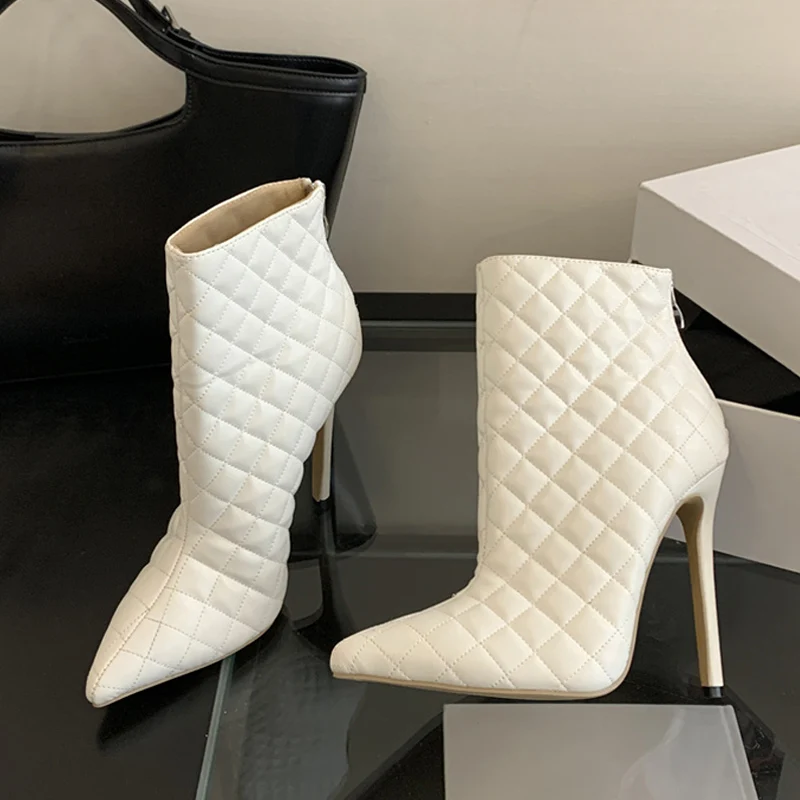 Liyke Herbst Winter Schuhe Frauen Handgemachte Nähen Gitter Leder Stiefeletten Sexy Spitz Party Prom High Heels Schwarz Weiß