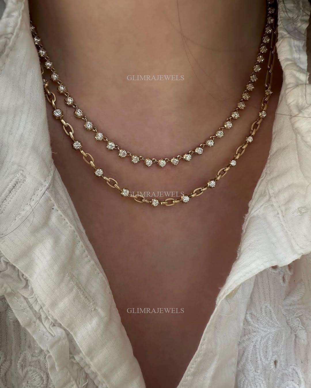 Diamant Tennis Halskette 14k Echtgold Runde Diamant Halskette Elegante Choker Einzigartige 18k Minimalist Diamant Braut Halskette