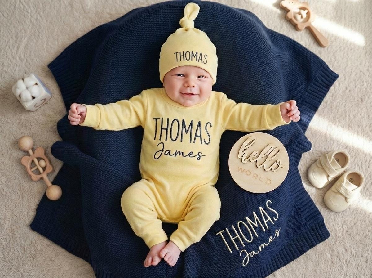 Completo neonato ricamato con coperta in maglia di cotone, regalo neonato personalizzato, baby shower, set per il ritorno a casa, body neonato con cap