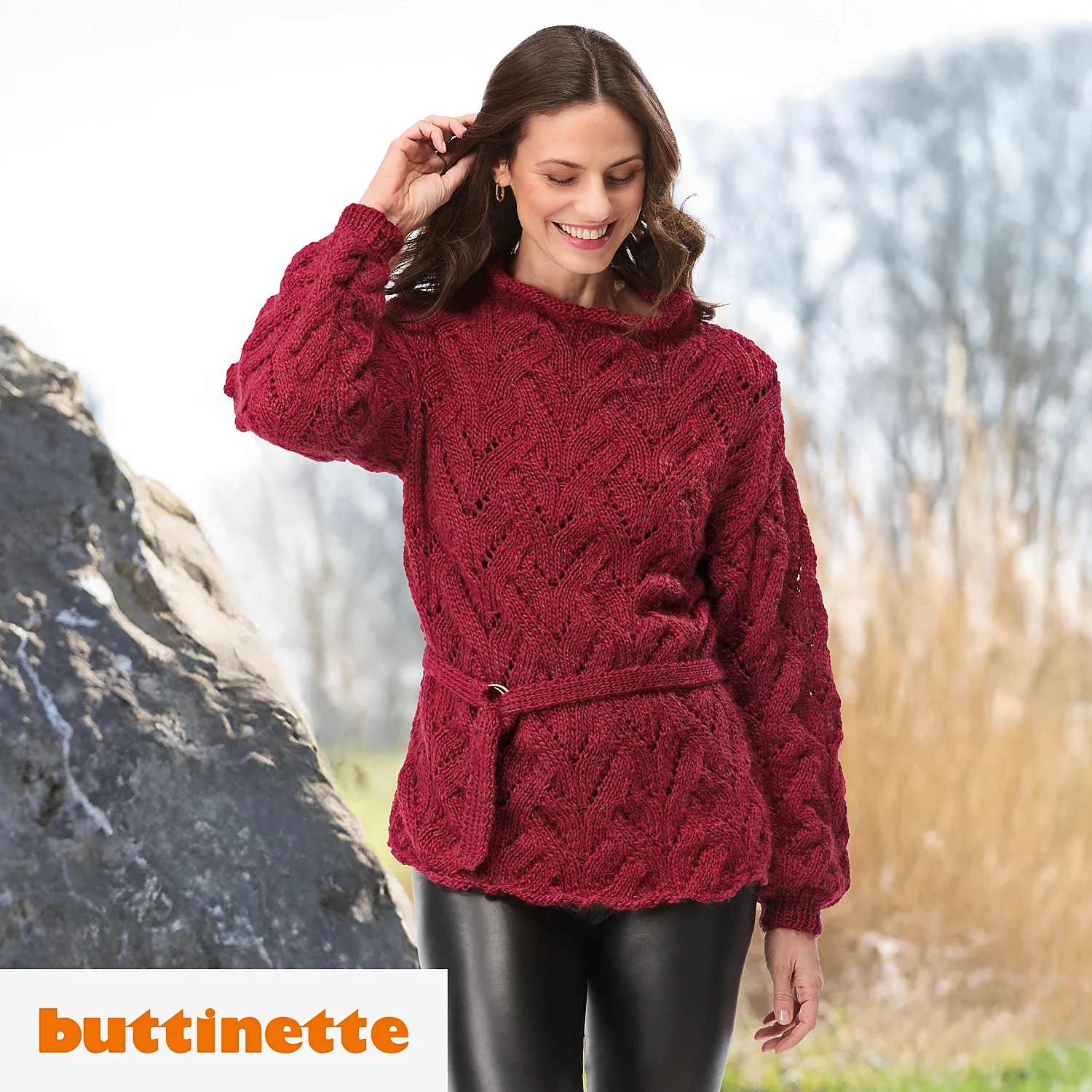 Strickanleitung – Pullover mit Tulpenkragen und Gürtel aus Woll Butt Merle