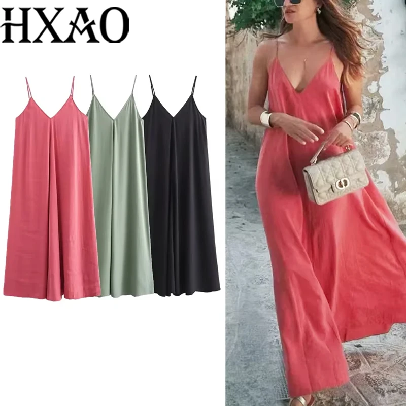 HXAO Lange Kleider 2024, Sommer-Damen, elegante Party-Slip-Kleider, Damenmode, lässig, rückenfrei, rot, grün, schwarz, Kleid, Vestidos