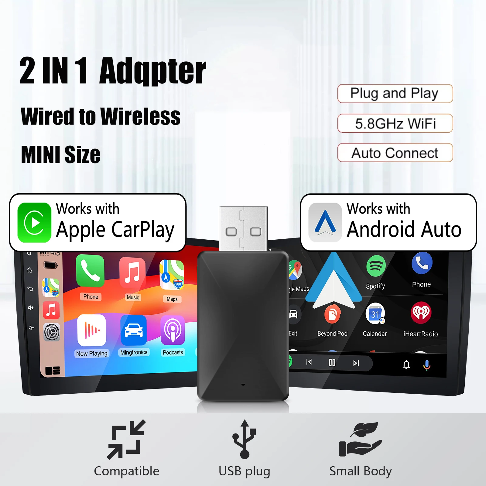 2025 NEUER Chip 2in1 Wireless CarPlay Android Auto Adapter Mini Design 5.G-WiFi & BT Low Latency Plug & Play für kabelgebundene OEM-Autos Image