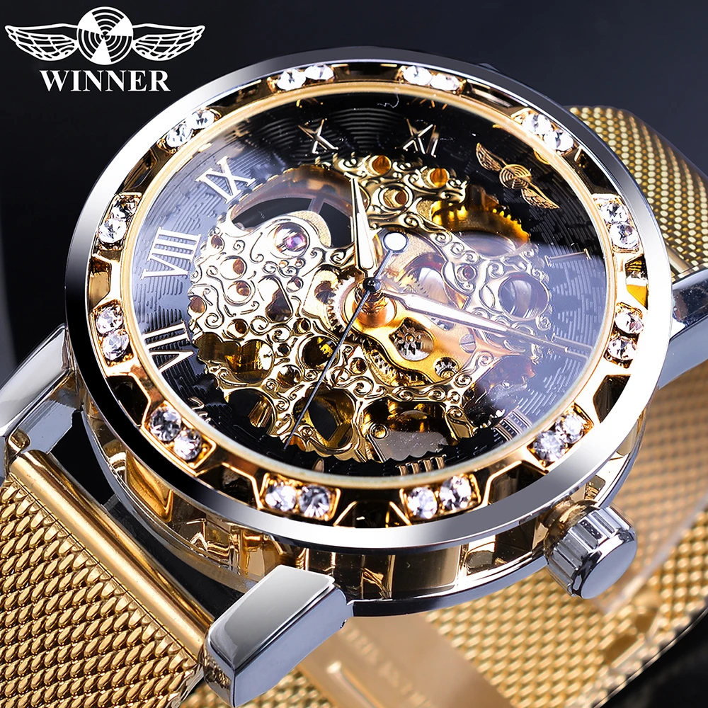 Gewinner Goldene Uhren Männer Skeleton Mechanische Uhr Kristall Mesh Schlank Edelstahl Band Top Marke Luxus Hand Wind Armbanduhr Image