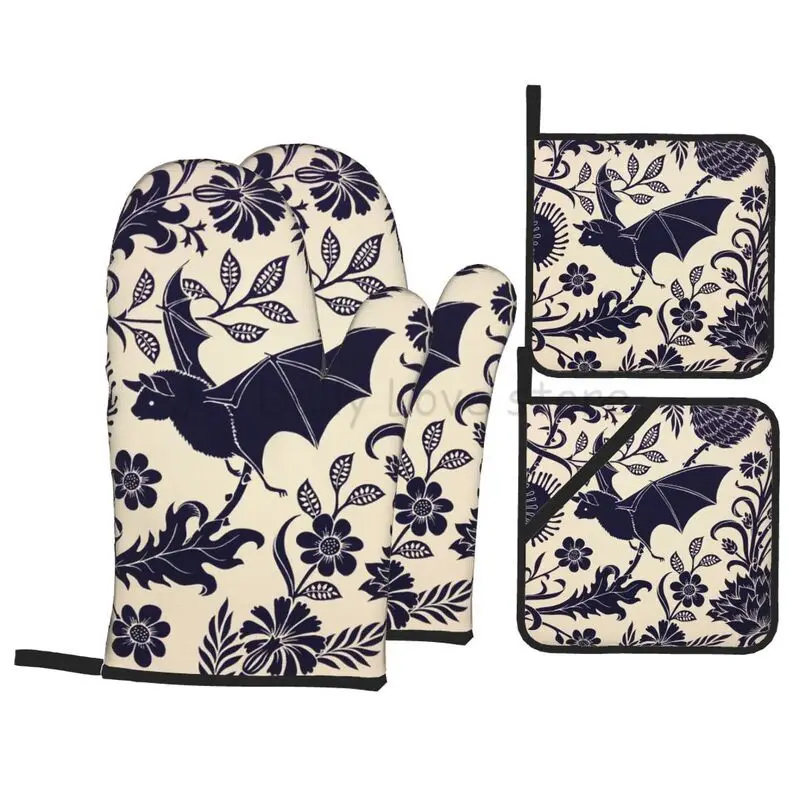 Halloween-Fledermaus-Blumen-Ofenhandschuhe und Topflappen-Sets mit 4 Stück hitzebeständigen, rutschfesten Ofenhandschuhen zum Kochen, Backen, Grillen Image