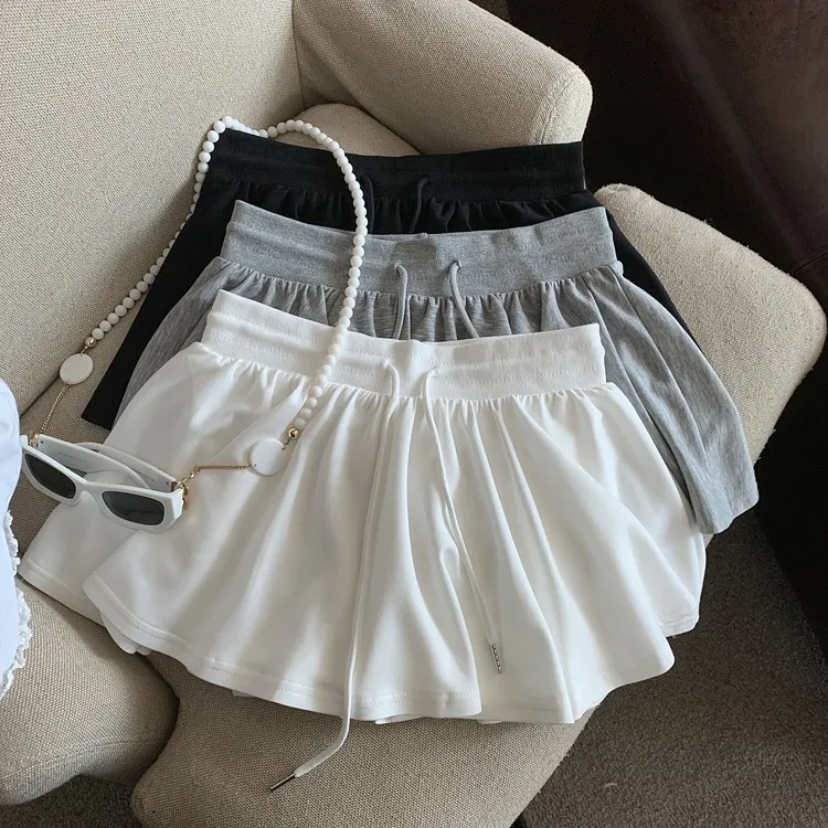 Sommer Frauen Sport EINE Linie Röcke für Frauen Sommer Hohe Taille Kordelzug Solide Mini Röcke Weibliche Süße Alle Spiel Ballett Röcke Image