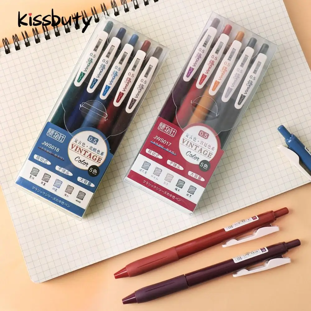 5Colos einziehbares Retro-Farb-Gelschreiber-Set, Kugelschreiber, 0,5 mm, mehrfarbige Tintenroller zum Schreiben von Tagebuch, Tagebuch, Büro, Schule Image