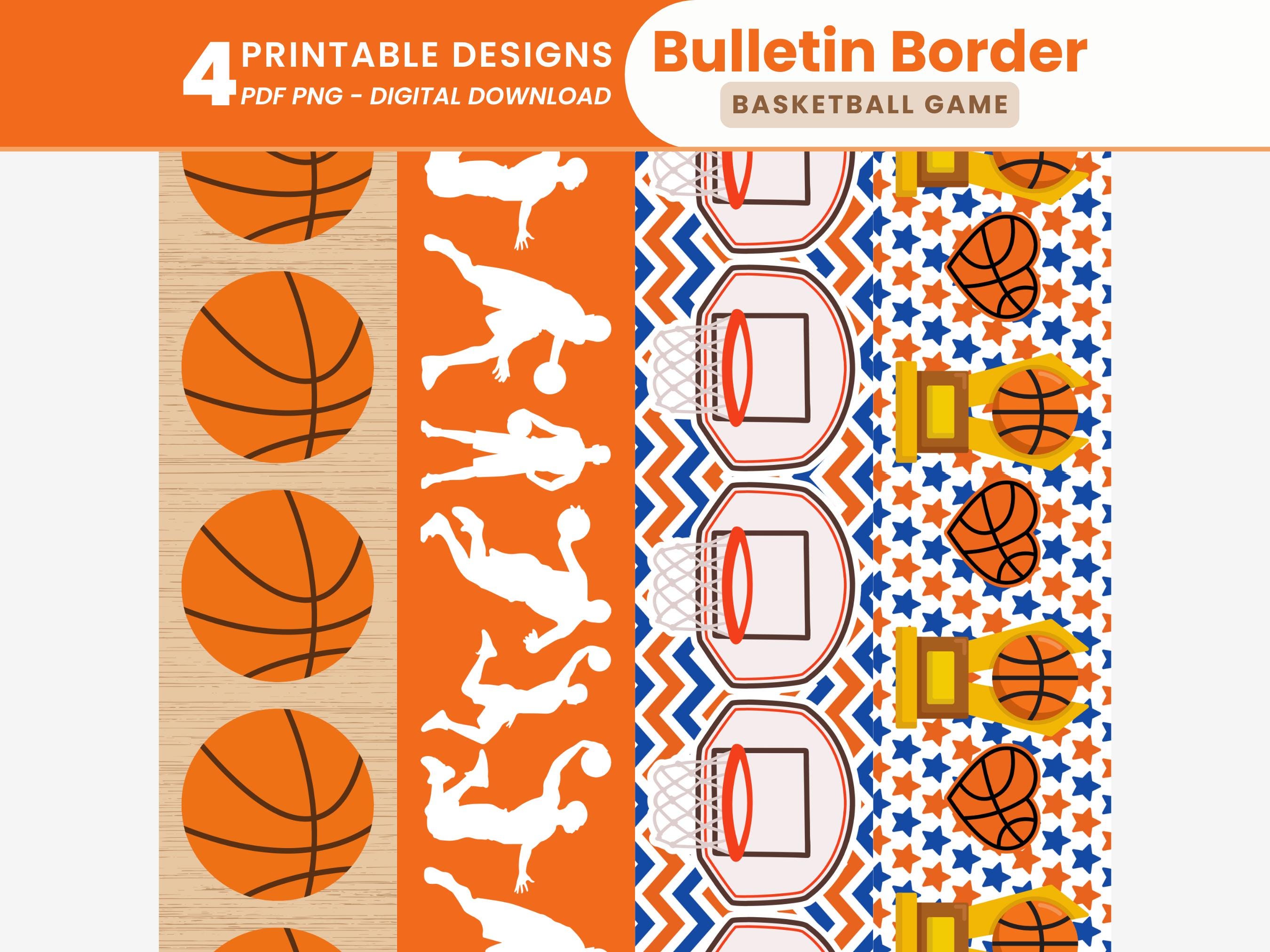 Bordi per bacheche di partite di basket, decorazioni per aule di basket, bordi per bacheche stampabili, strisce per bordi a tema sportivo di basket