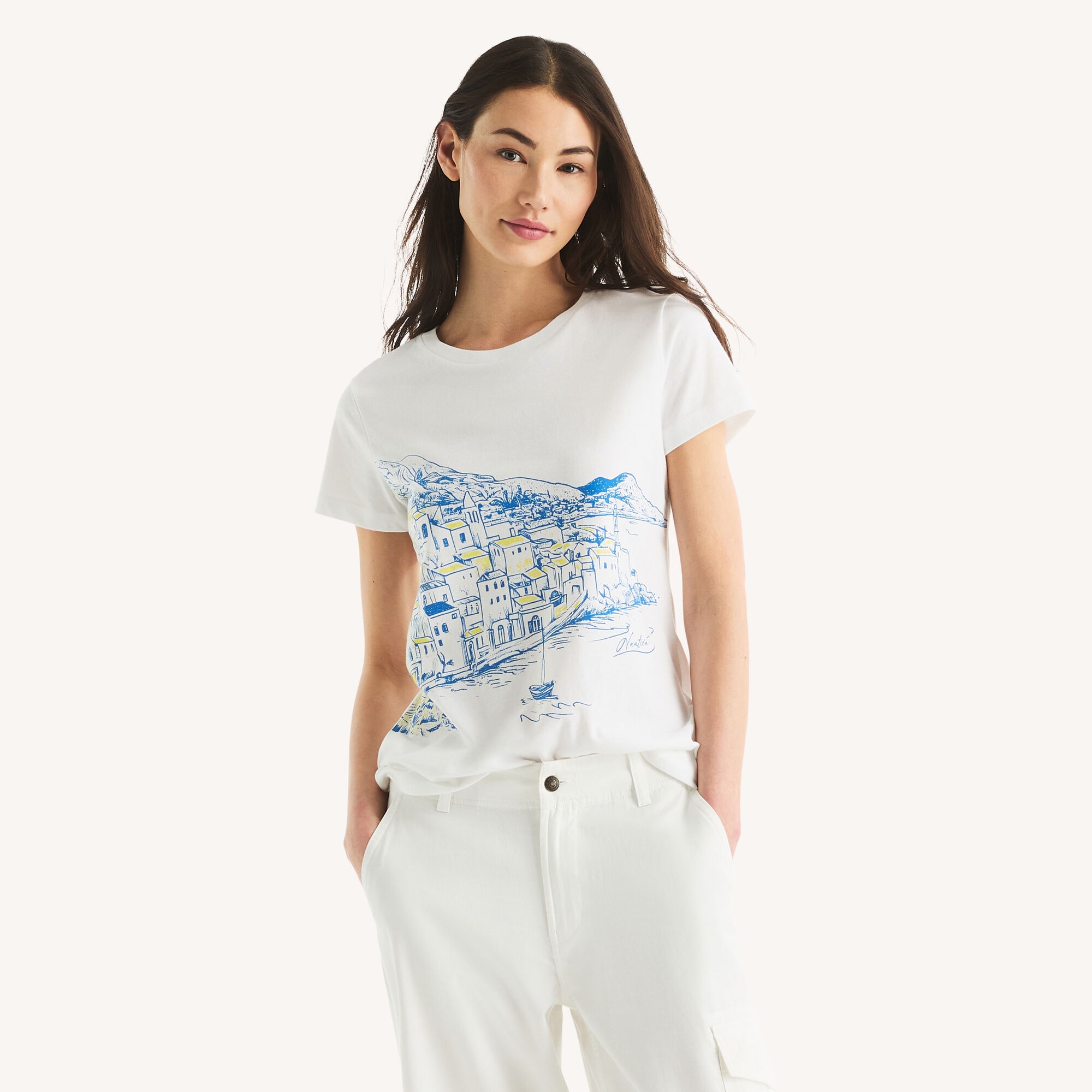 Nautica Women's Landscape Graphic T-Shirt 101 (Bright White), L