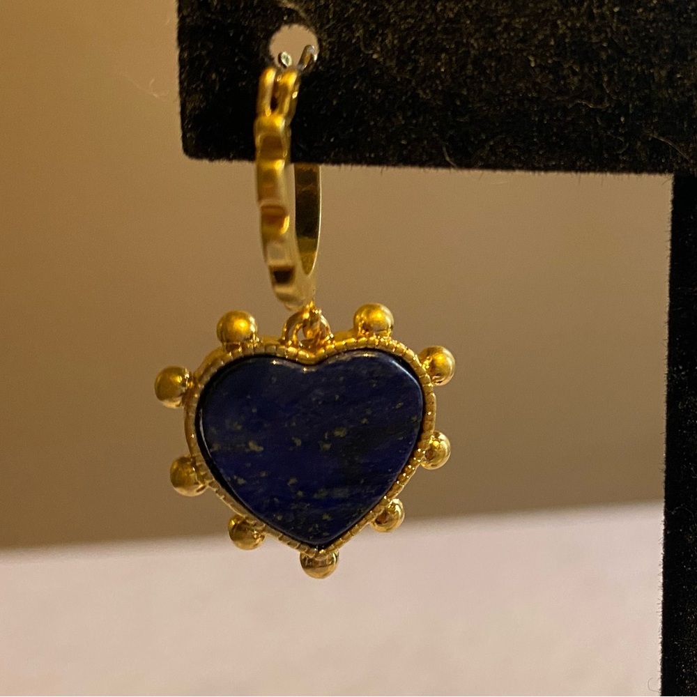 Tory Burch Jewelry | Tory Burch Blue Lapis Heart Drops Hanging From Huggie Hoops. | Color: Blue/Gold | Size: Os