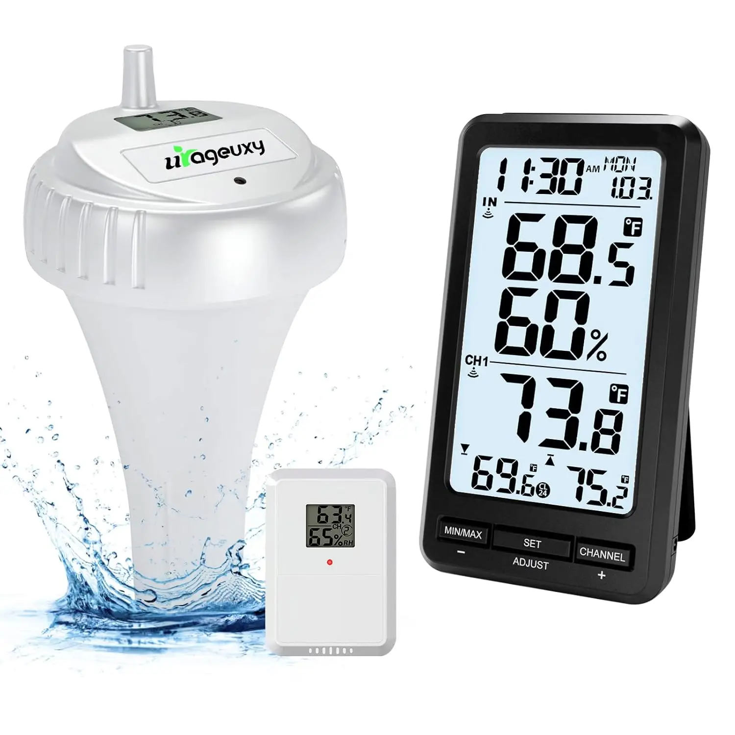 Urageuxy Kabelloses Pool-Thermometer, IPX8, 328 Fuß, LCD, digitaler Temperatursensor, Alarm, wasserdicht, für Whirlpool/Schwimmbad/Spa, große Reichweite Image