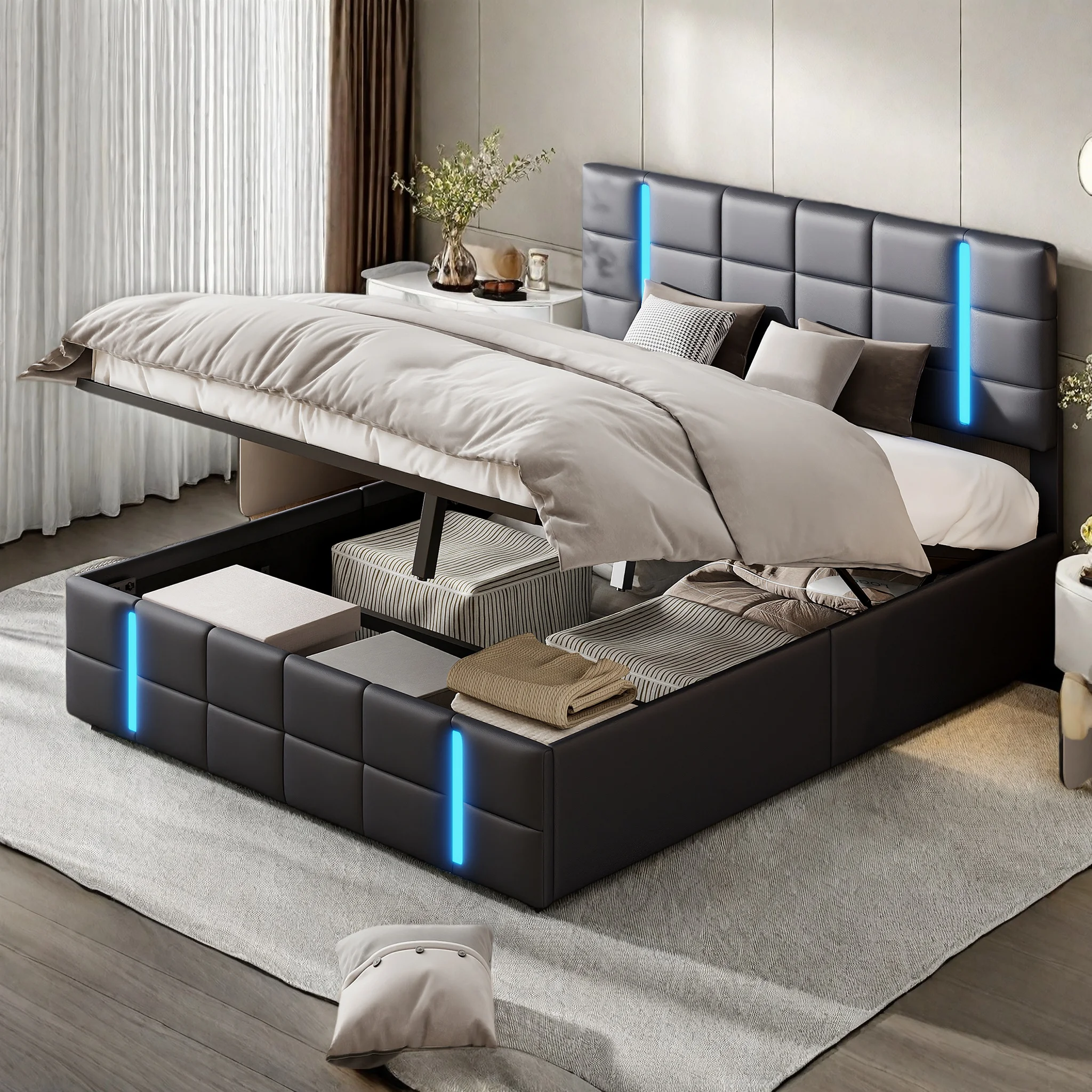 Bett 160x200 cm mit Stauraum, LED-Lichtleiste und 2 USB-Anschlüssen, Lattenrost, PU, ​​schwarz, ohne Matratze Image