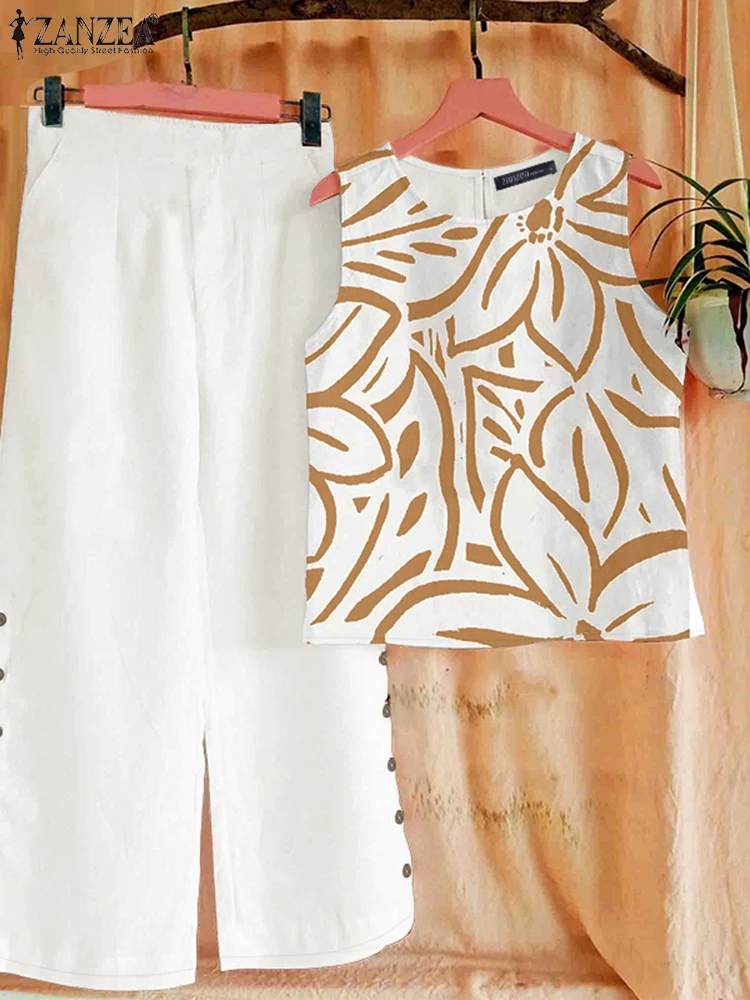 ZANZEA Urlaub 2 Stück Sets Frauen 2025 Sommer Blumendruck Tank Tops & Feste Breite Bein Hose 2 stücke Anzüge böhmischen Casual Hose Sets Image