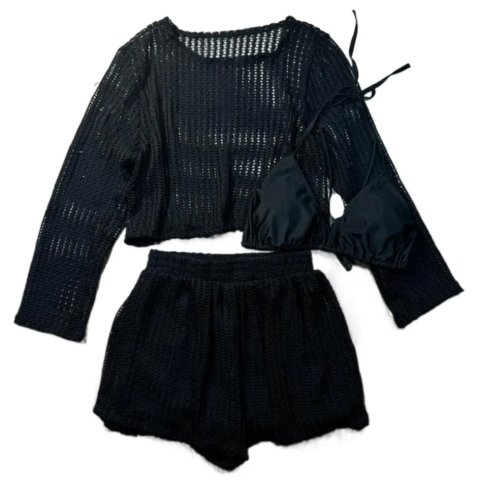 Lockerer Langarm-Badeanzug, Pullover-Strandkleidung, Gehäkelter Badeanzug, Durchbrochene Strandkleidung, Dreiteiliges Set Bademode Image