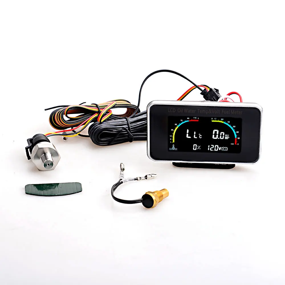 12 V/24 V 4 In 1 LCD Öldruck Voltmeter Volt Wassertemperatur Öl Kraftstoffanzeige mit 10 mm Temperatursensor für Auto LKW Image