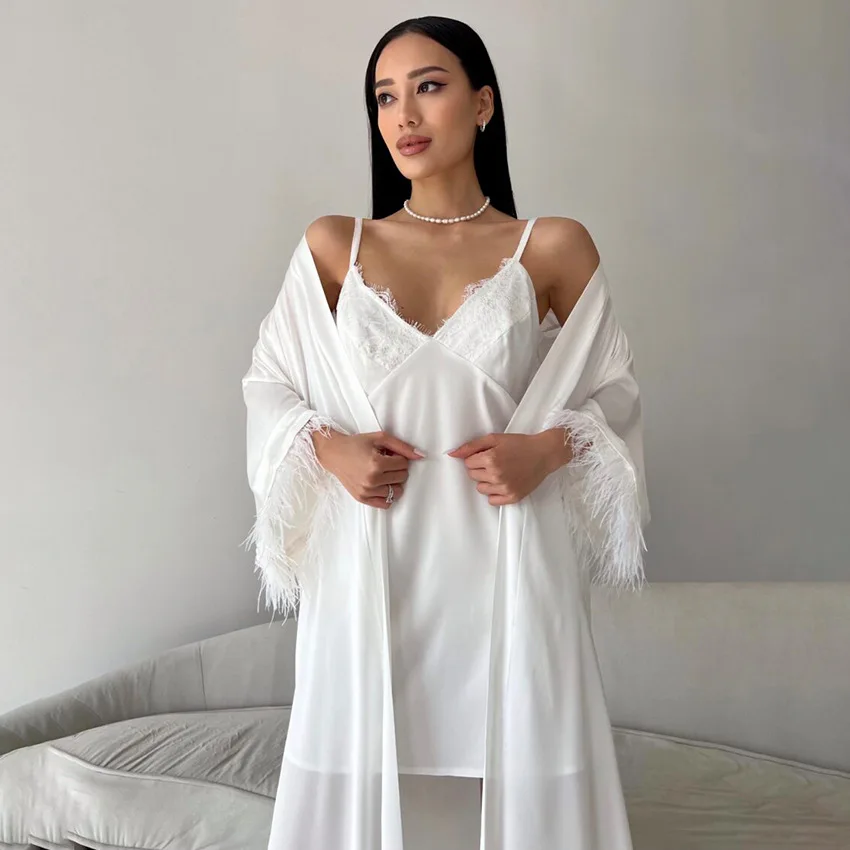 Weiße Braut Hochzeit Robe Nachthemd 2-teiliges Set seidiger Satin langer Kimono Bademantel Kleid Sexy Feder Nachthemd Nachtwäsche Negligé Image