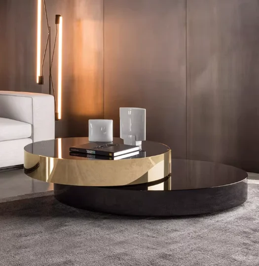 Hochwertiger runder Couchtisch aus Edelstahl und Messing mit Spiegeleffekt, doppellagiger moderner Luxus-Couchtisch in Schwarzgold mit Drehfunktion