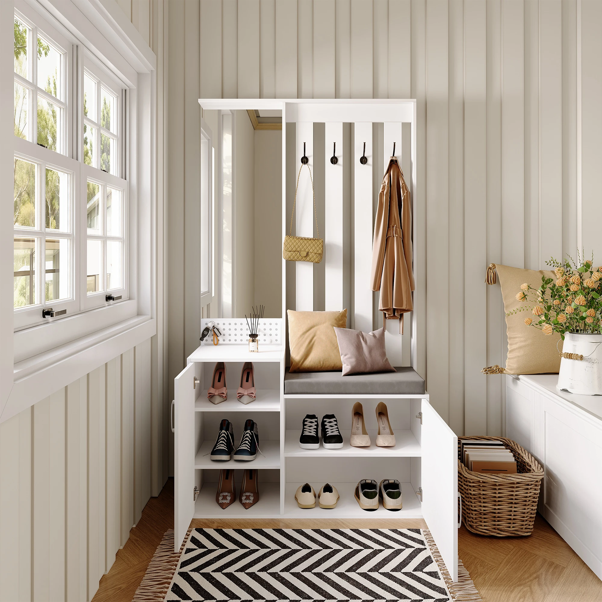Anajqaqia Wandmontierte Schuhbank und Garderobenständer-Set, mit Spiegel, Schubladen, Haken, Multifunktionaler Eingangsbereich-Schuhschrank, Weiß