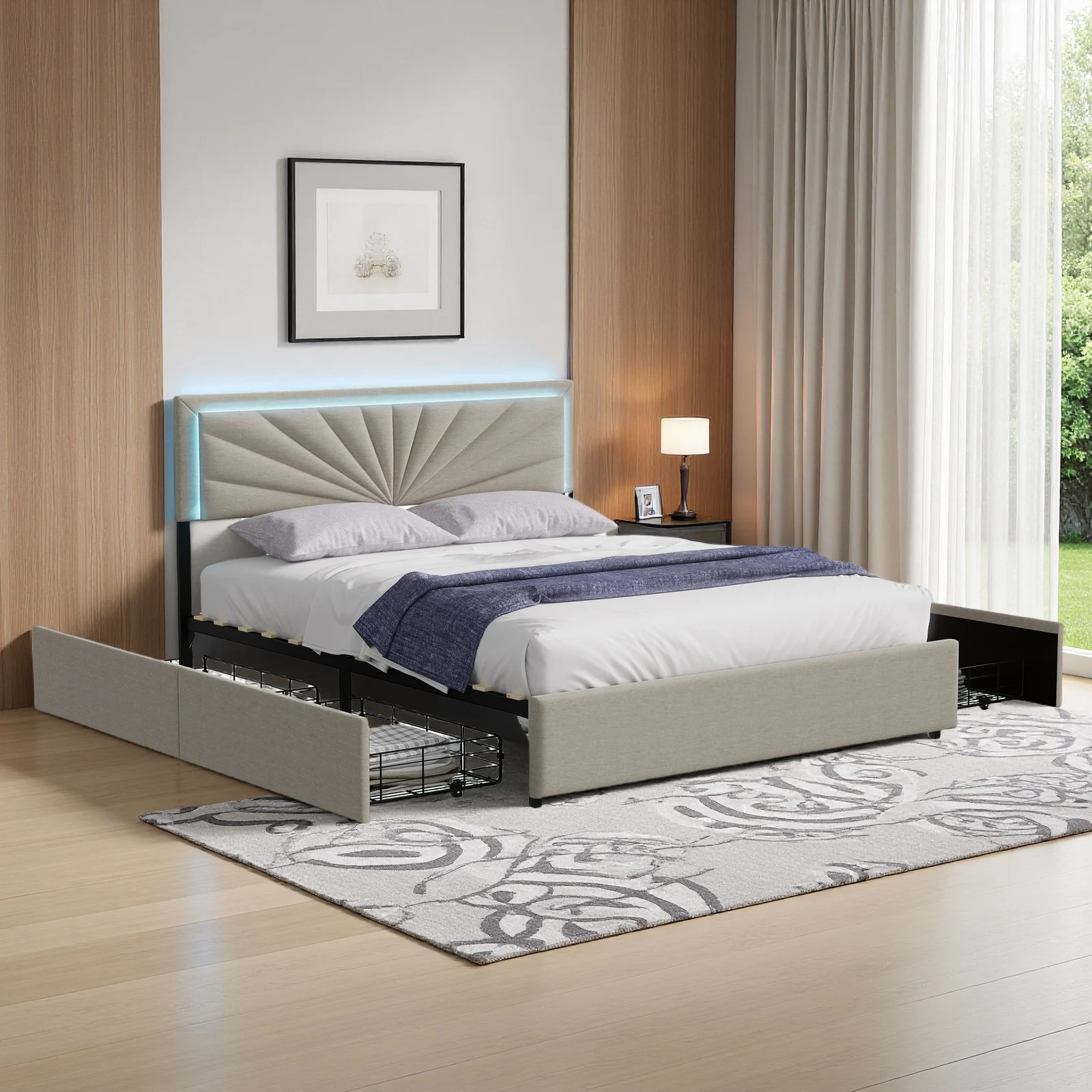 Doppelbett 140x200 cm mit 4 Schubladen, Bettgestell mit LED-Beleuchtung und Lattenrost für Erwachsene und Jugendliche, ohne Matratze Image